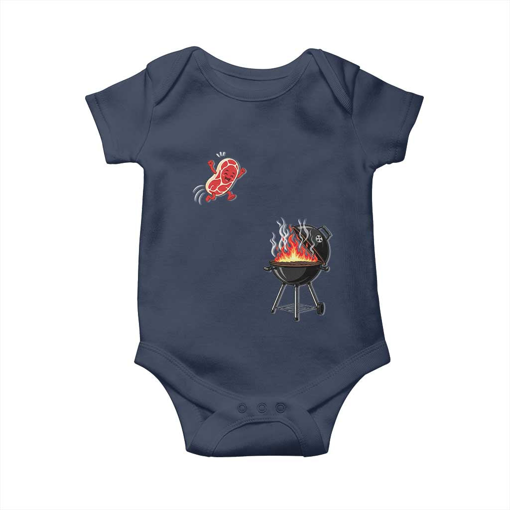 Funny BBQ Steak Meme Cute Meat Jumping Into Grill Baby Onesie