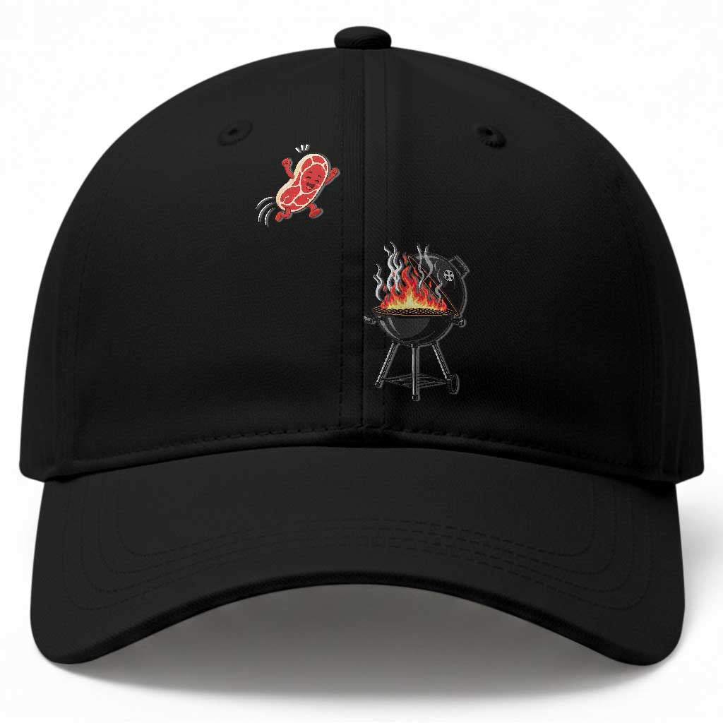 Funny BBQ Steak Meme Cute Meat Jumping Into Grill Baseball Cap