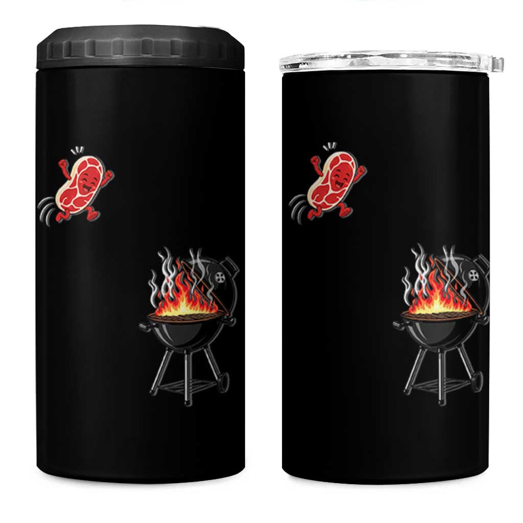 Funny BBQ Steak Meme Cute Meat Jumping Into Grill 4 in 1 Can Cooler Tumbler