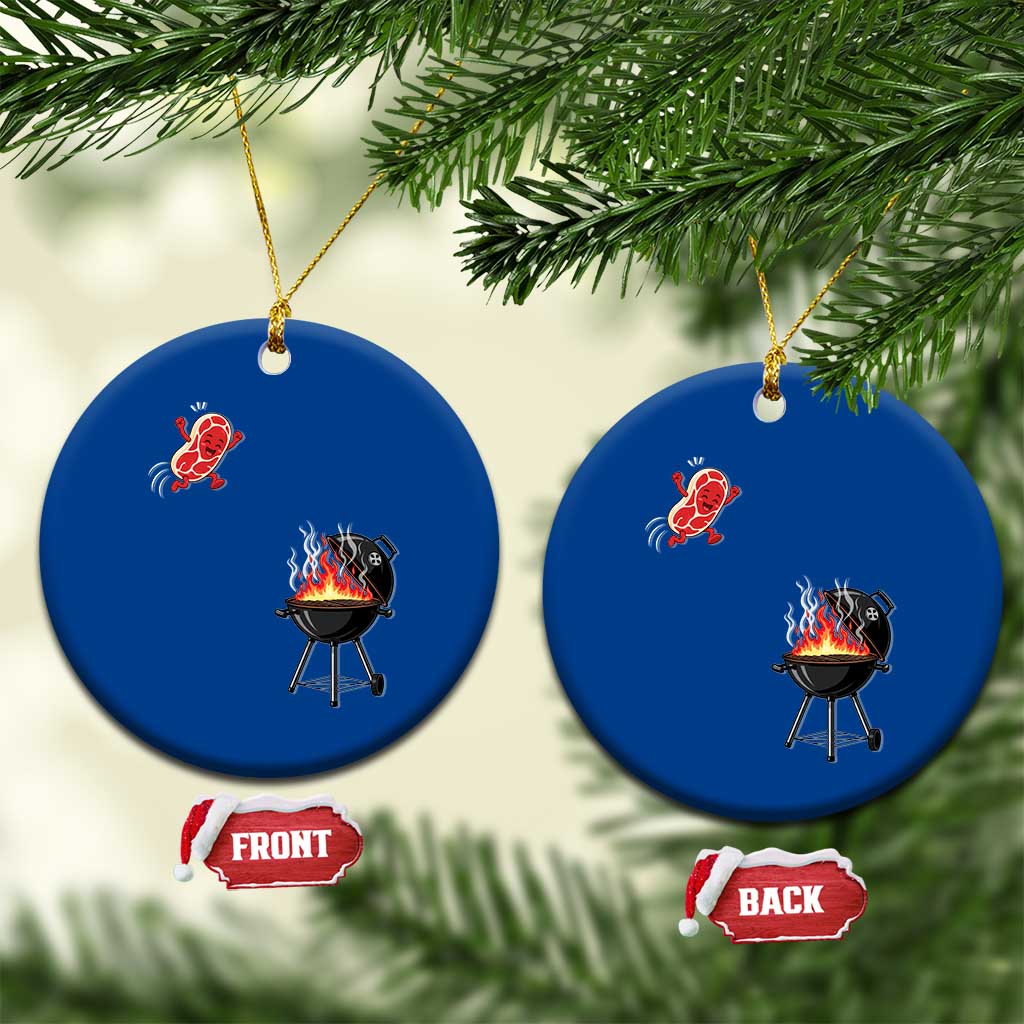 Funny BBQ Steak Meme Cute Meat Jumping Into Grill Ceramic Ornament