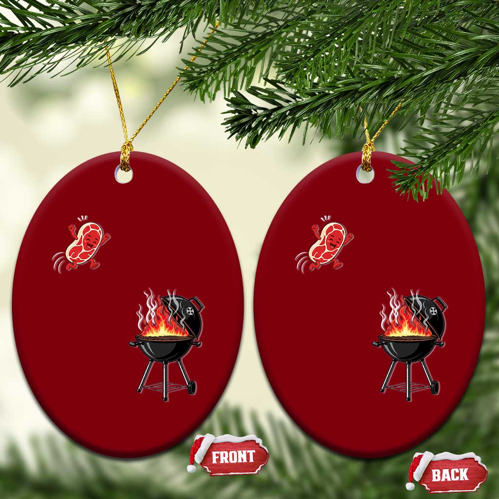 Funny BBQ Steak Meme Cute Meat Jumping Into Grill Ceramic Ornament