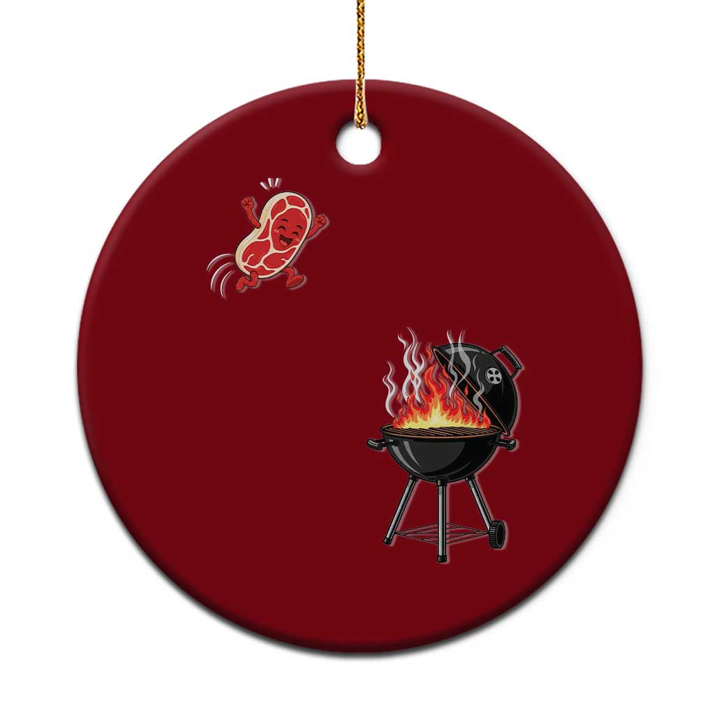 Funny BBQ Steak Meme Cute Meat Jumping Into Grill Ceramic Ornament