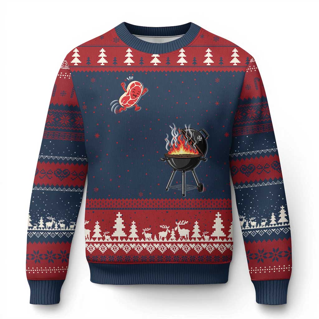 Funny BBQ Steak Meme Cute Meat Jumping Into Grill Ugly Christmas Sweater