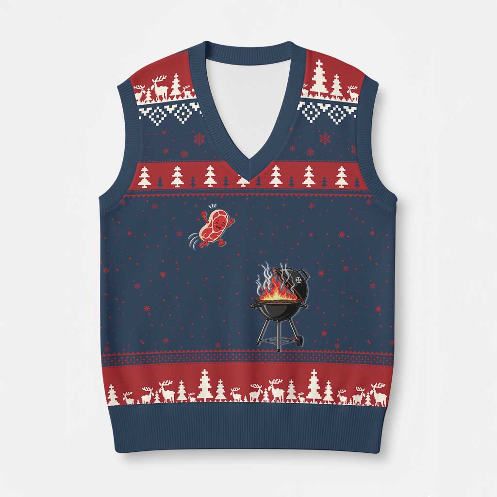 Funny BBQ Steak Meme Cute Meat Jumping Into Grill V-Neck Knit Sweater Vest