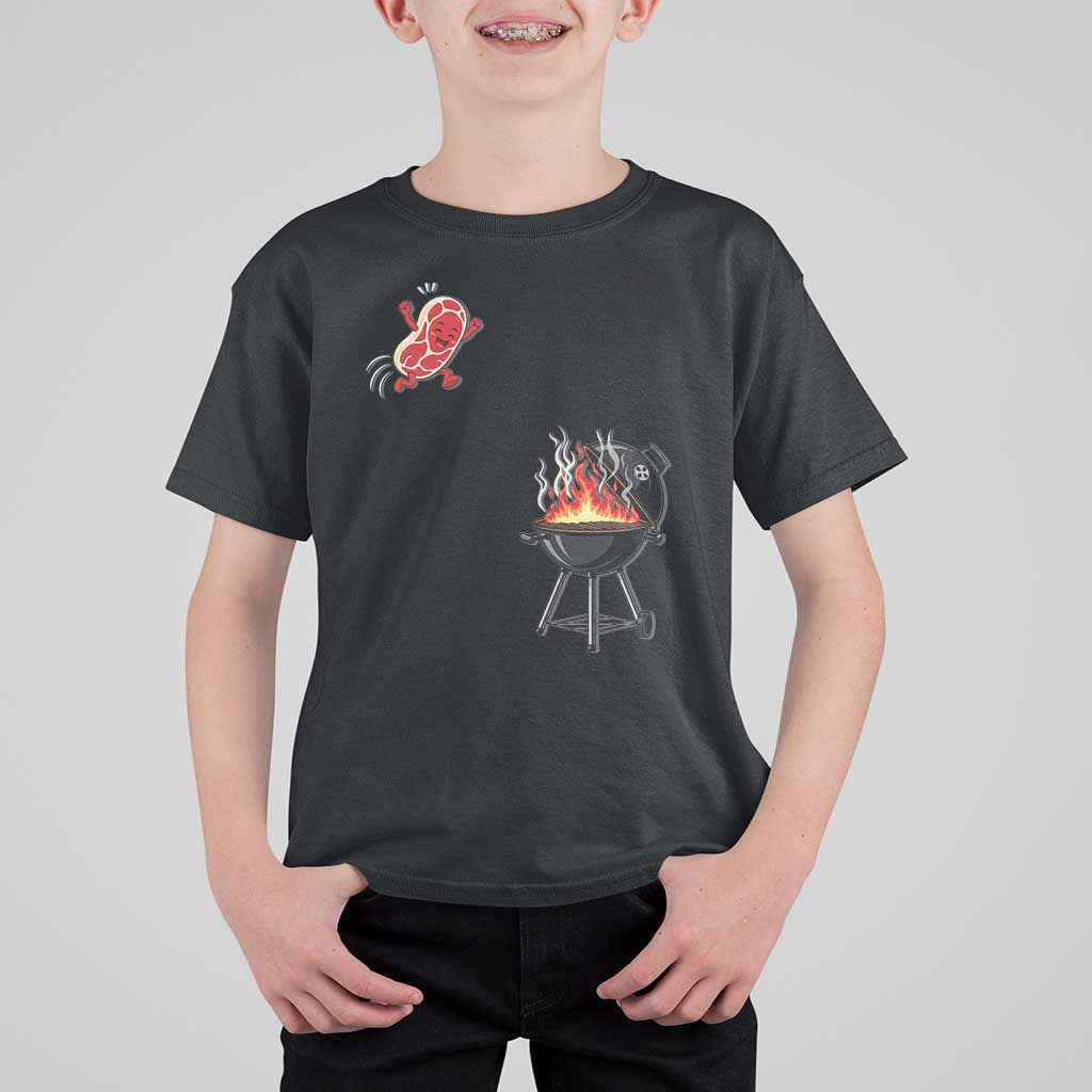 Funny BBQ Steak Meme Cute Meat Jumping Into Grill T Shirt For Kid