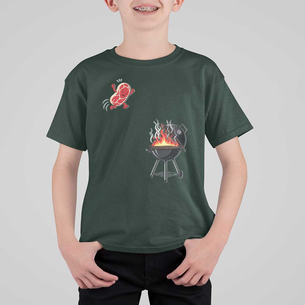 Funny BBQ Steak Meme Cute Meat Jumping Into Grill T Shirt For Kid