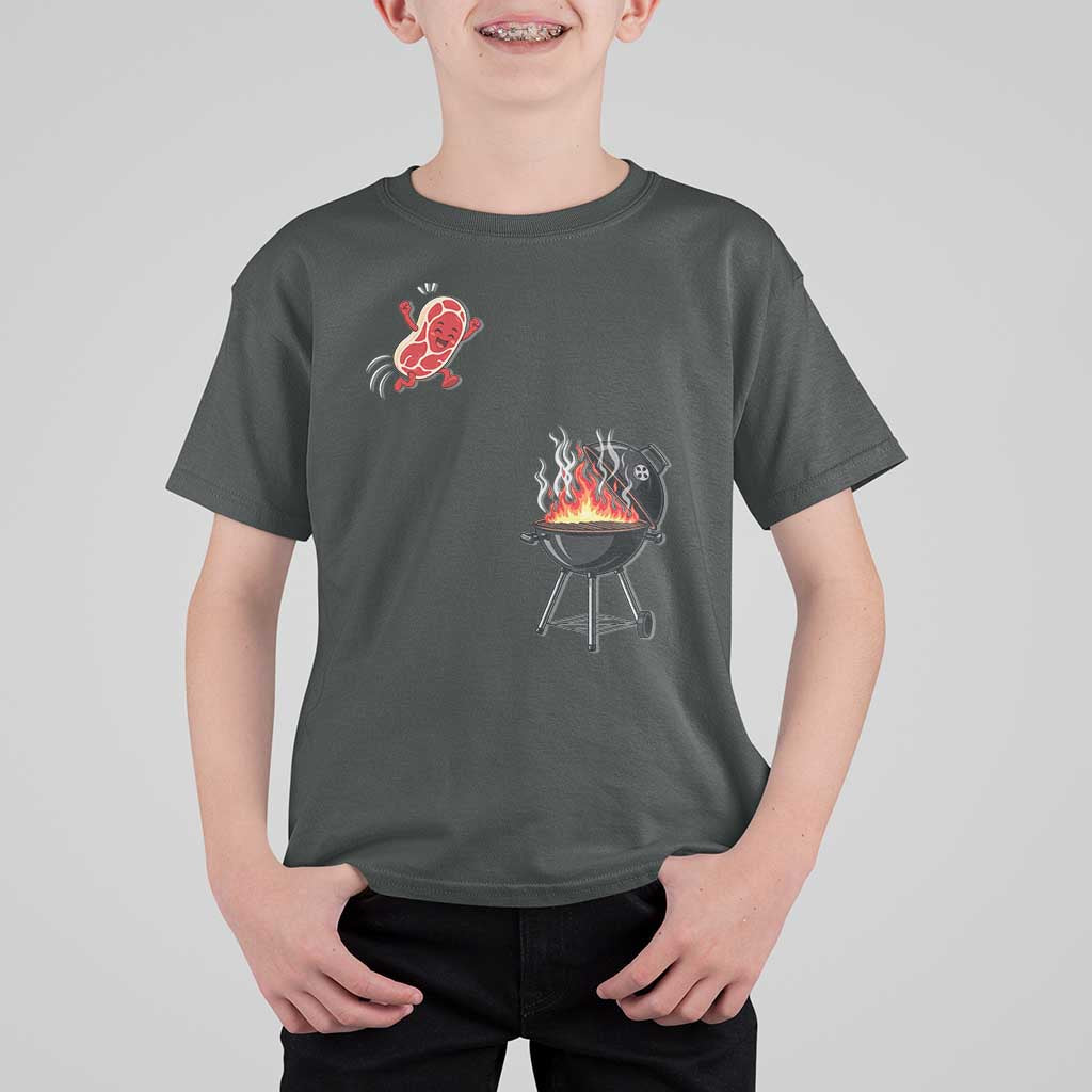Funny BBQ Steak Meme Cute Meat Jumping Into Grill T Shirt For Kid