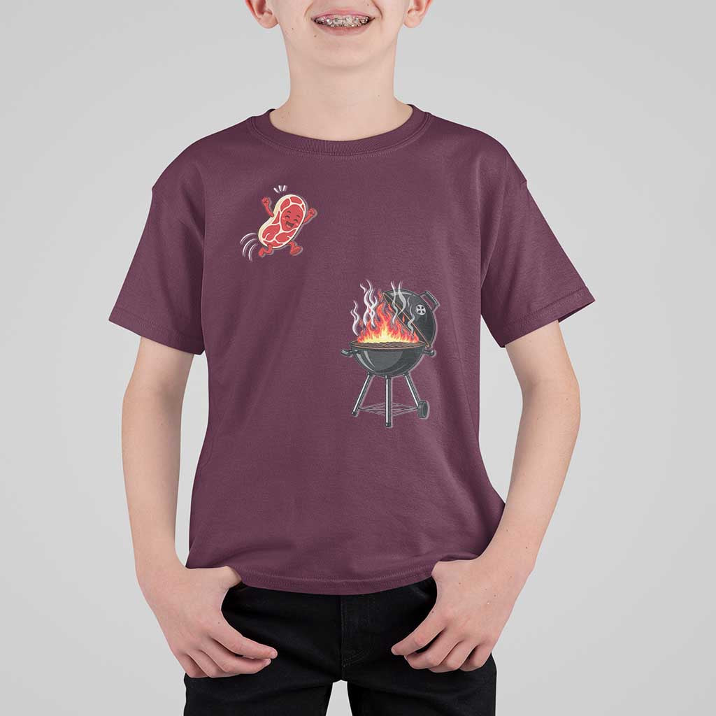 Funny BBQ Steak Meme Cute Meat Jumping Into Grill T Shirt For Kid