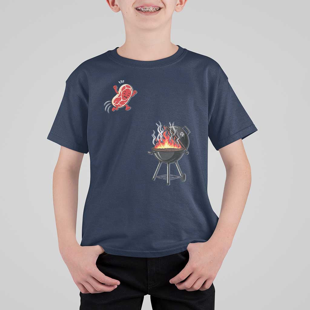 Funny BBQ Steak Meme Cute Meat Jumping Into Grill T Shirt For Kid