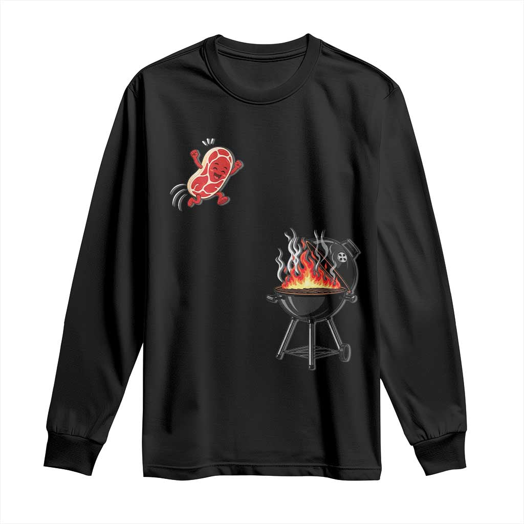 Funny BBQ Steak Meme Cute Meat Jumping Into Grill Long Sleeve Shirt