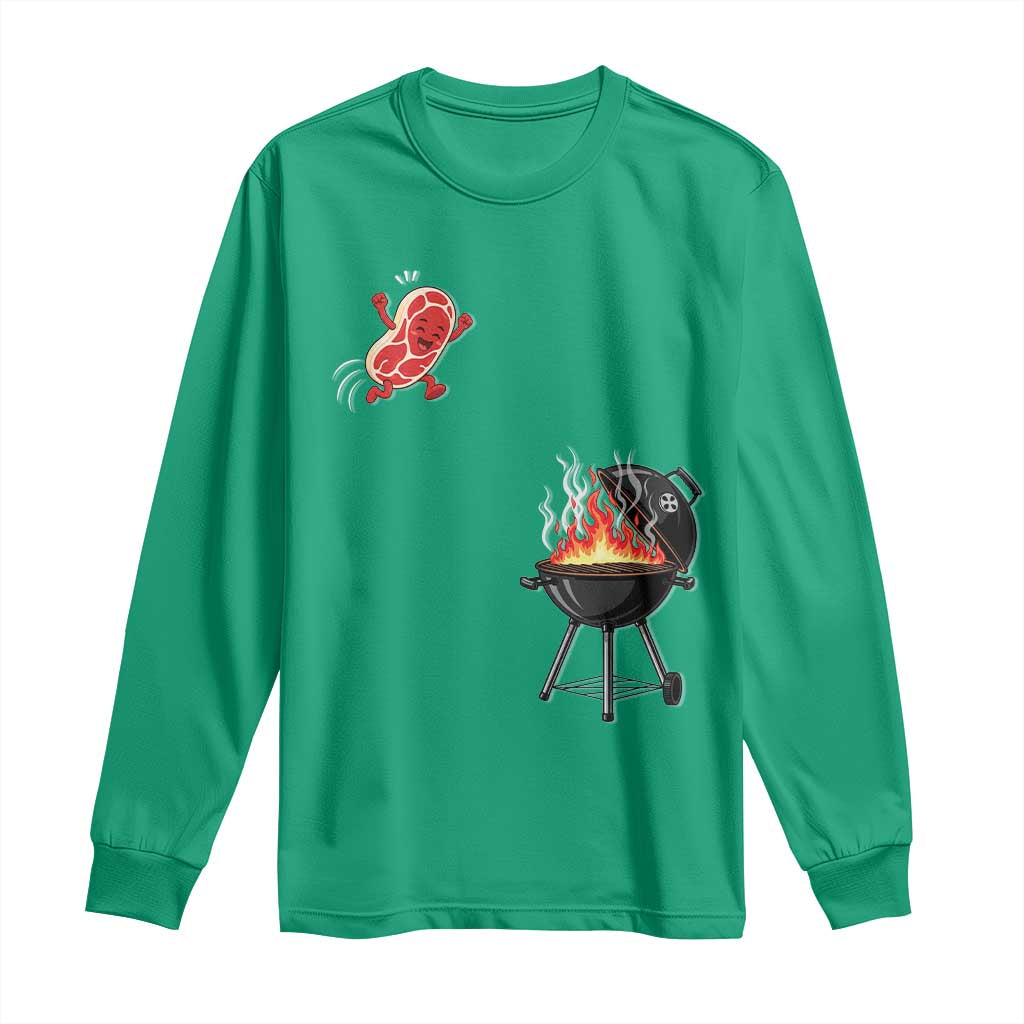Funny BBQ Steak Meme Cute Meat Jumping Into Grill Long Sleeve Shirt