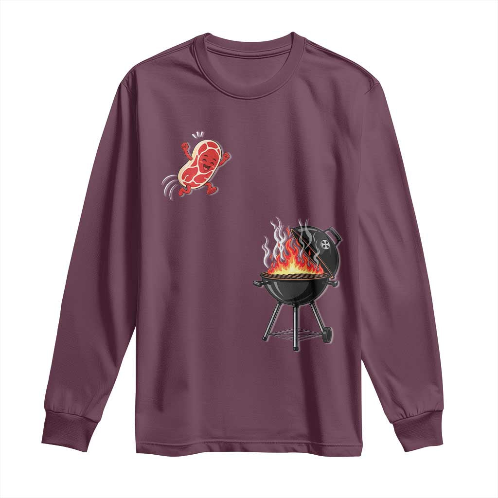 Funny BBQ Steak Meme Cute Meat Jumping Into Grill Long Sleeve Shirt