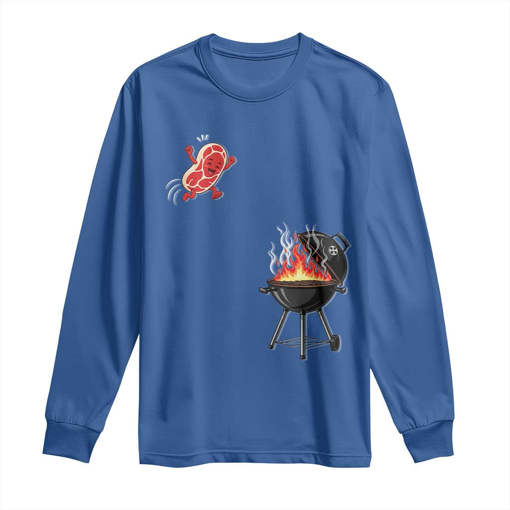 Funny BBQ Steak Meme Cute Meat Jumping Into Grill Long Sleeve Shirt