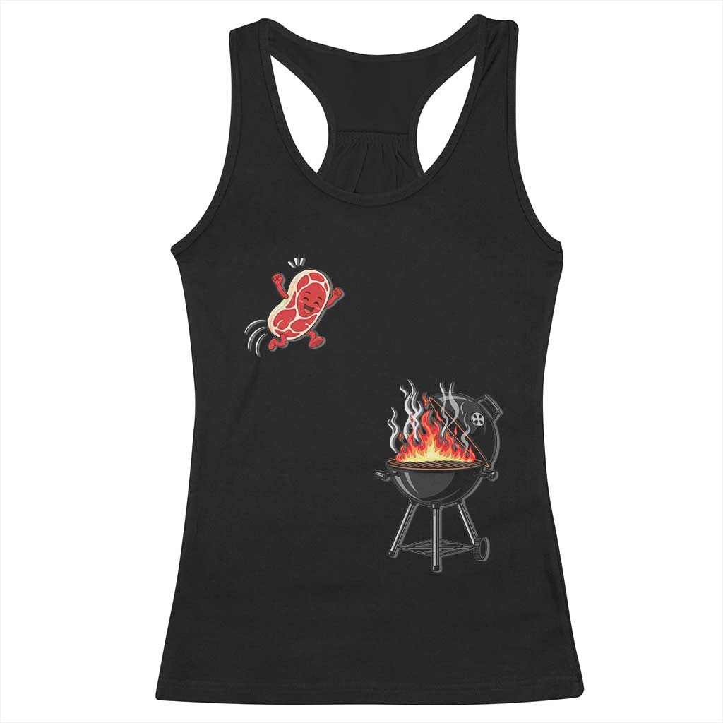 Funny BBQ Steak Meme Cute Meat Jumping Into Grill Racerback Tank Top