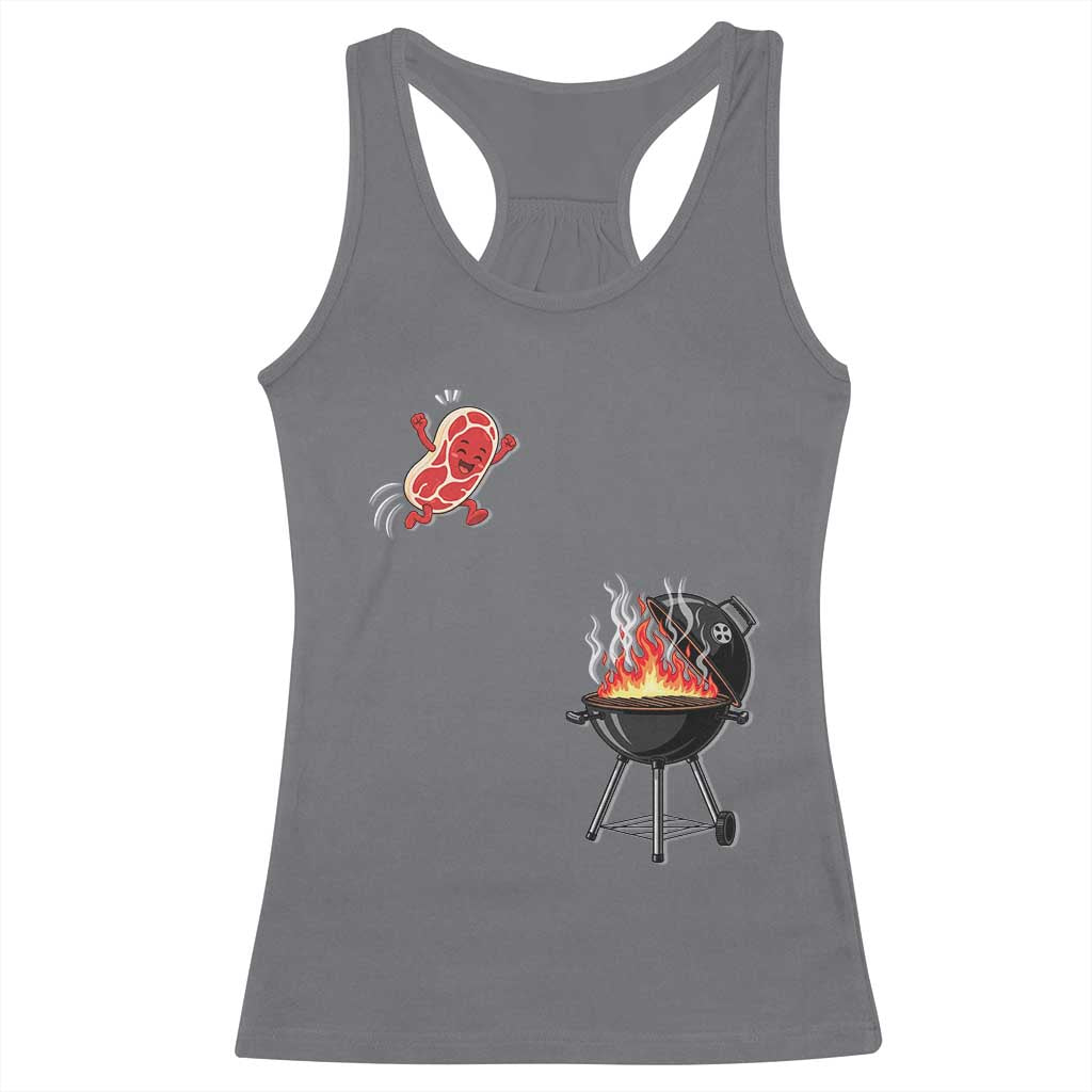 Funny BBQ Steak Meme Cute Meat Jumping Into Grill Racerback Tank Top