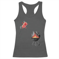 Funny BBQ Steak Meme Cute Meat Jumping Into Grill Racerback Tank Top