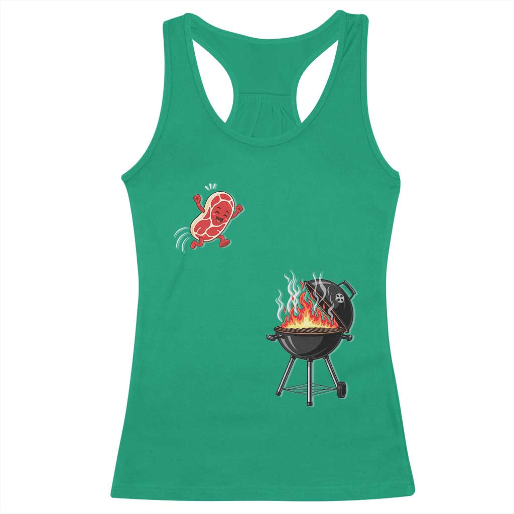 Funny BBQ Steak Meme Cute Meat Jumping Into Grill Racerback Tank Top