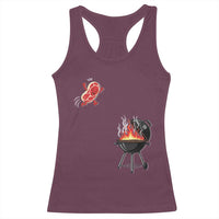 Funny BBQ Steak Meme Cute Meat Jumping Into Grill Racerback Tank Top