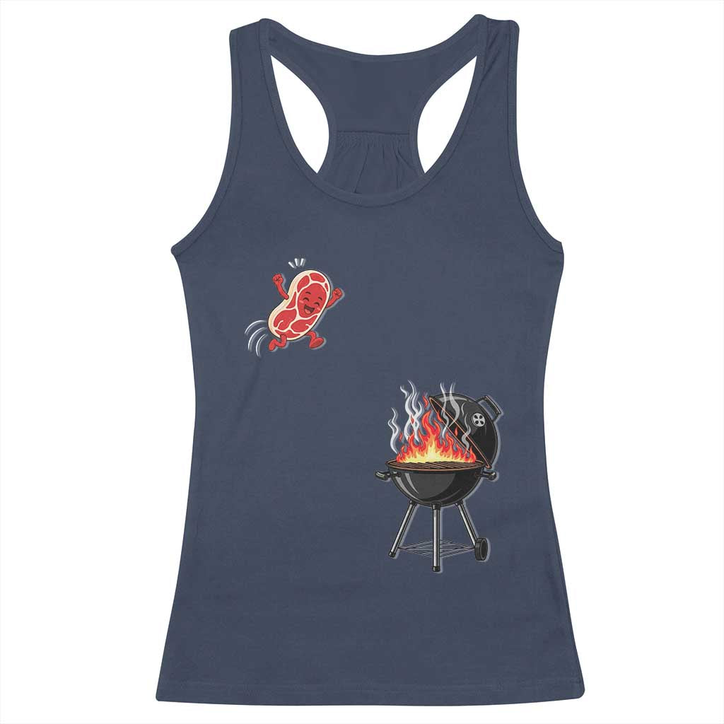Funny BBQ Steak Meme Cute Meat Jumping Into Grill Racerback Tank Top