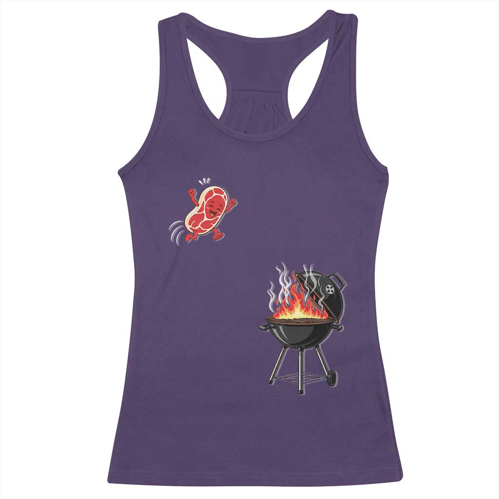 Funny BBQ Steak Meme Cute Meat Jumping Into Grill Racerback Tank Top