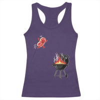 Funny BBQ Steak Meme Cute Meat Jumping Into Grill Racerback Tank Top