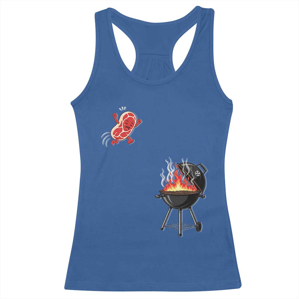 Funny BBQ Steak Meme Cute Meat Jumping Into Grill Racerback Tank Top