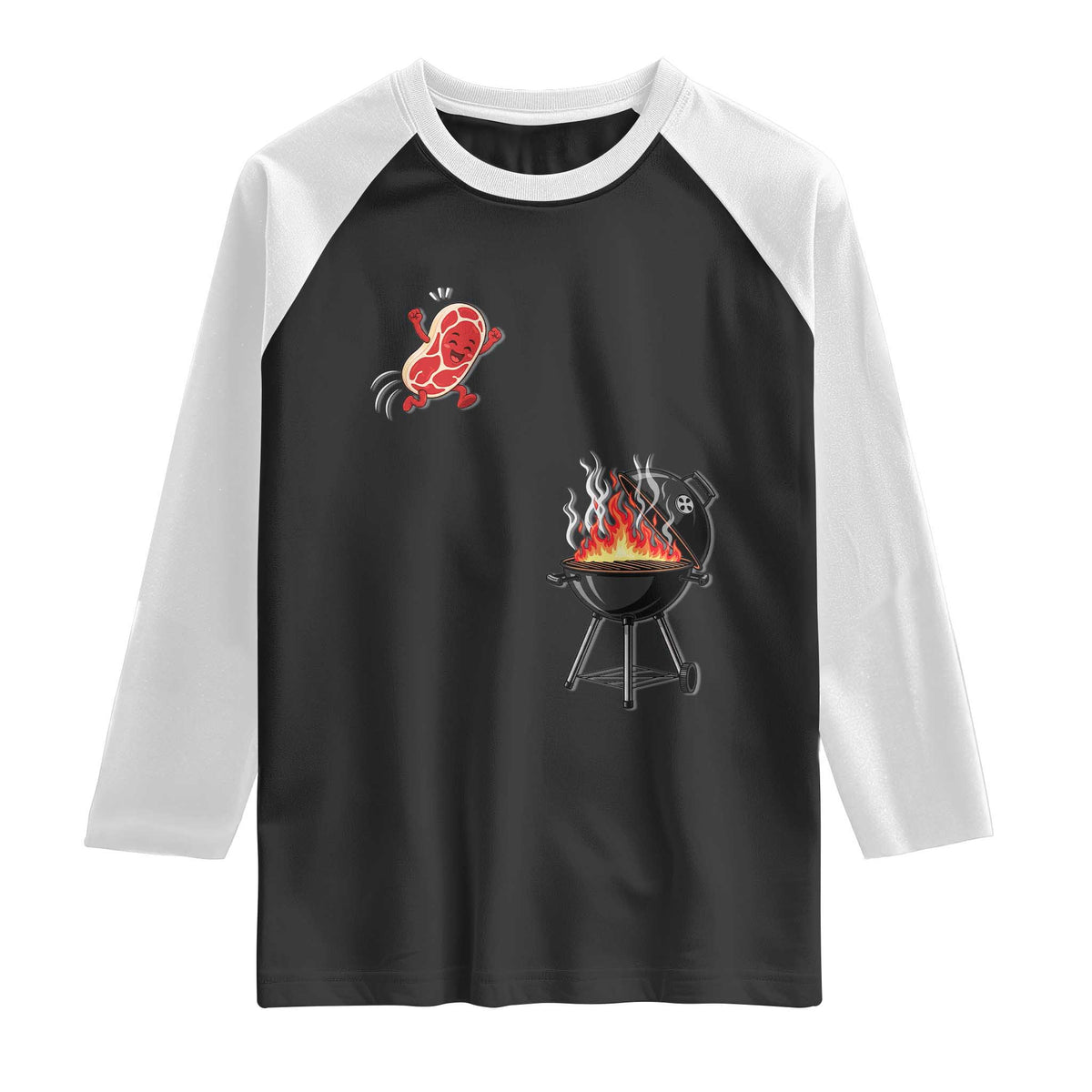 Funny BBQ Steak Meme Cute Meat Jumping Into Grill Raglan Shirt