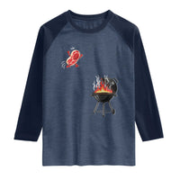 Funny BBQ Steak Meme Cute Meat Jumping Into Grill Raglan Shirt
