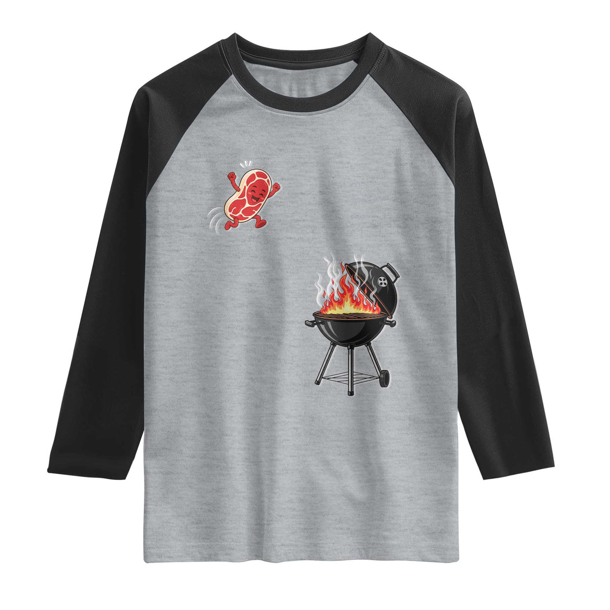 Funny BBQ Steak Meme Cute Meat Jumping Into Grill Raglan Shirt