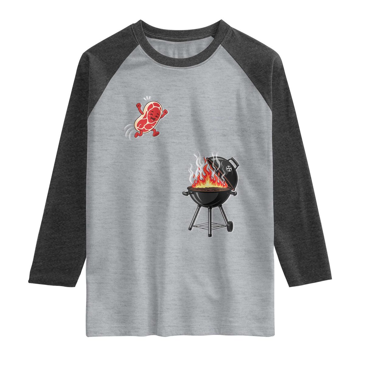 Funny BBQ Steak Meme Cute Meat Jumping Into Grill Raglan Shirt