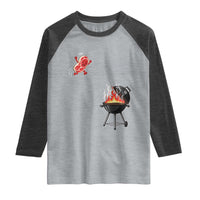 Funny BBQ Steak Meme Cute Meat Jumping Into Grill Raglan Shirt
