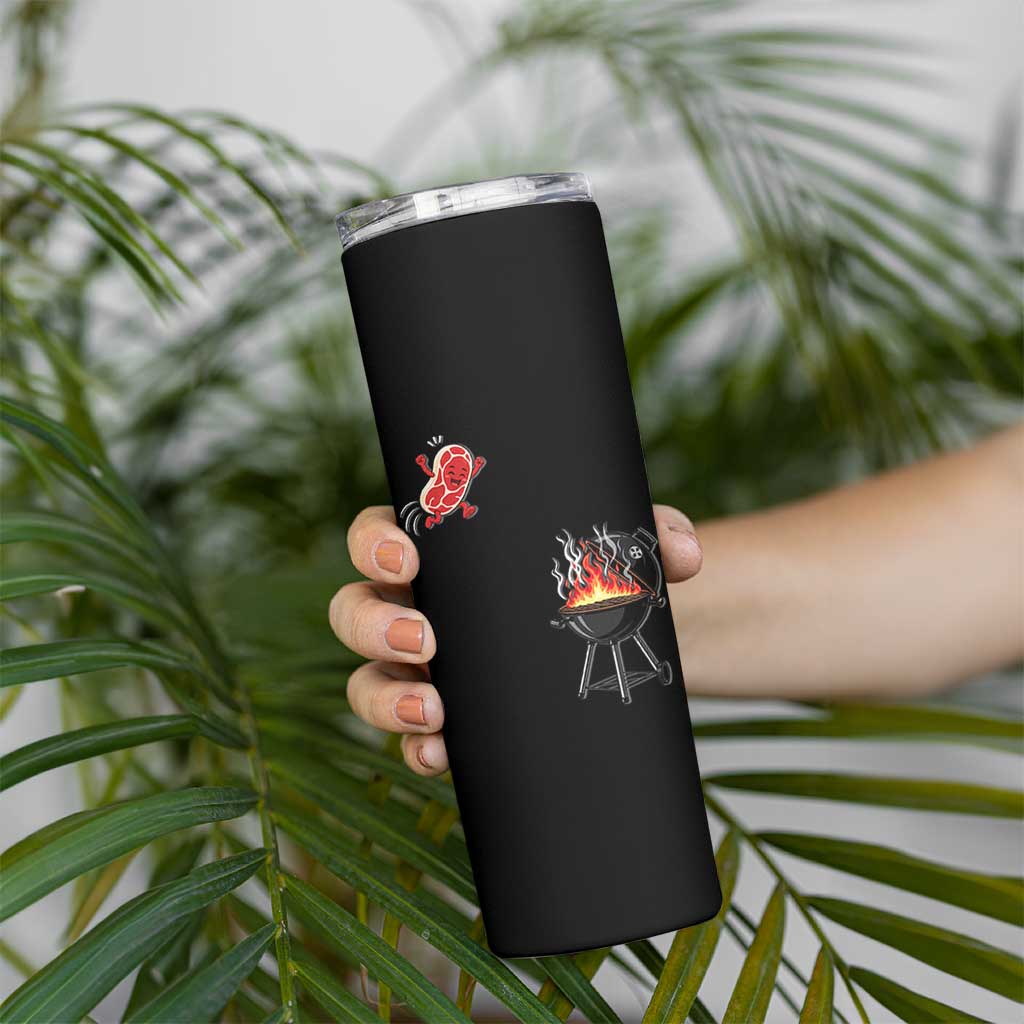 Funny BBQ Steak Meme Cute Meat Jumping Into Grill Skinny Tumbler
