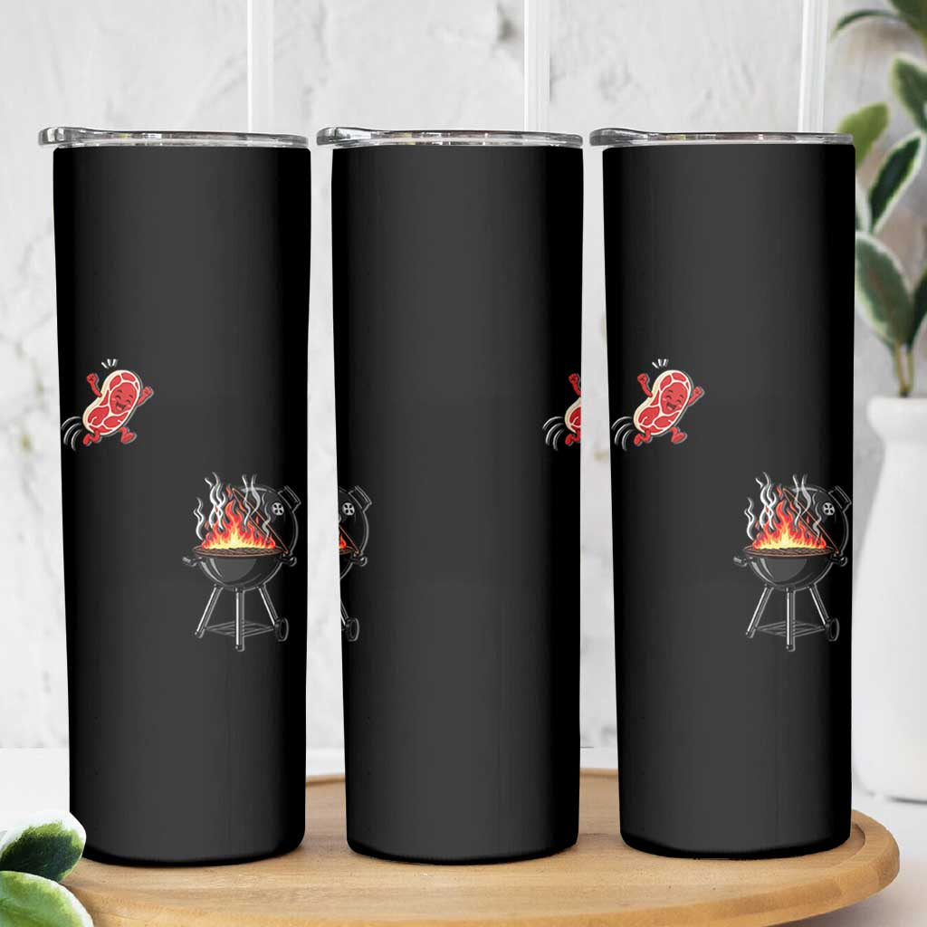 Funny BBQ Steak Meme Cute Meat Jumping Into Grill Skinny Tumbler