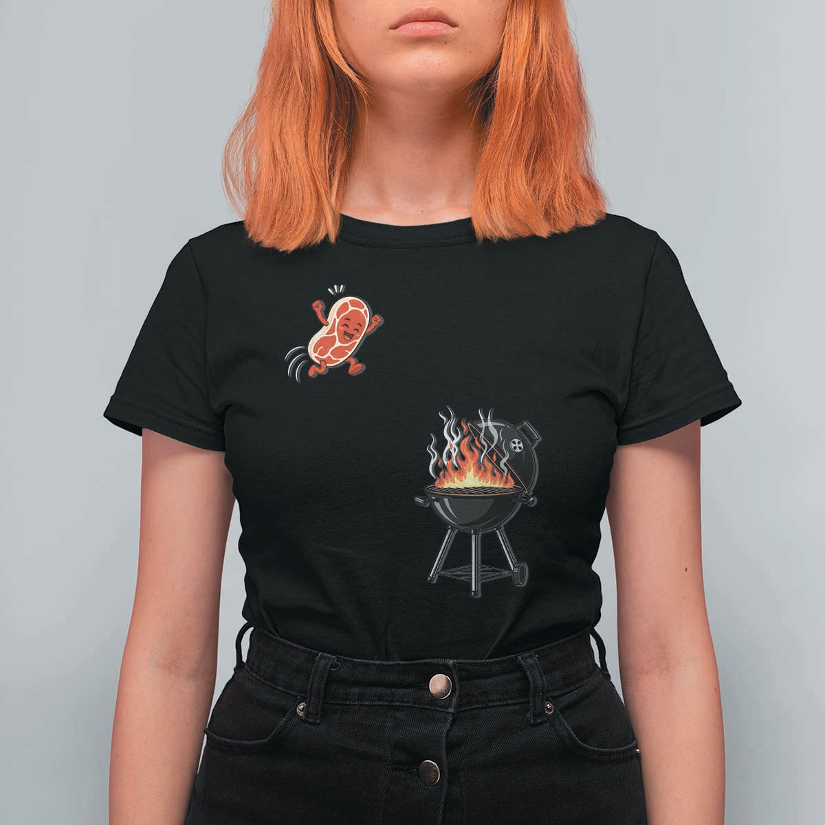 Funny BBQ Steak Meme Cute Meat Jumping Into Grill T Shirt For Women