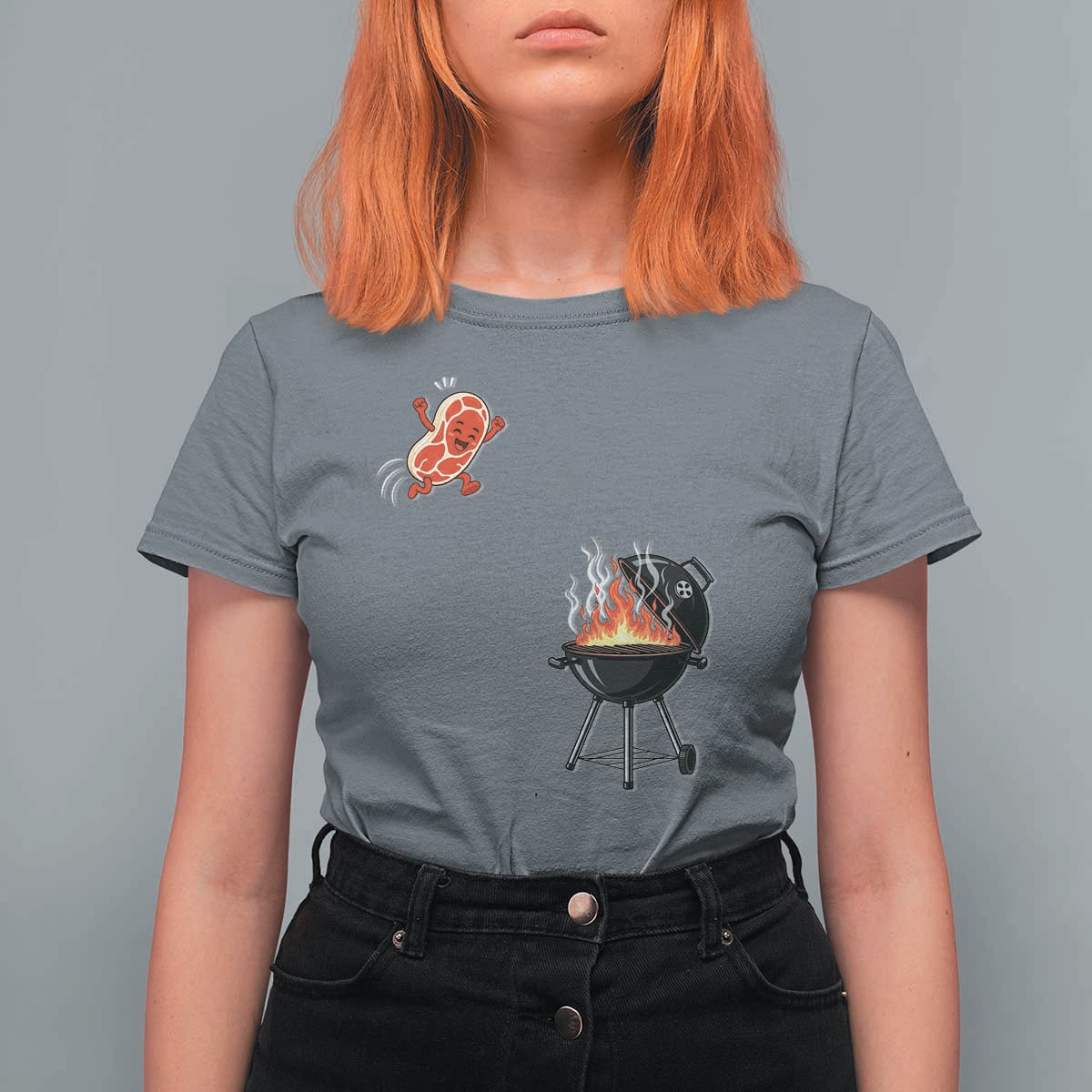 Funny BBQ Steak Meme Cute Meat Jumping Into Grill T Shirt For Women