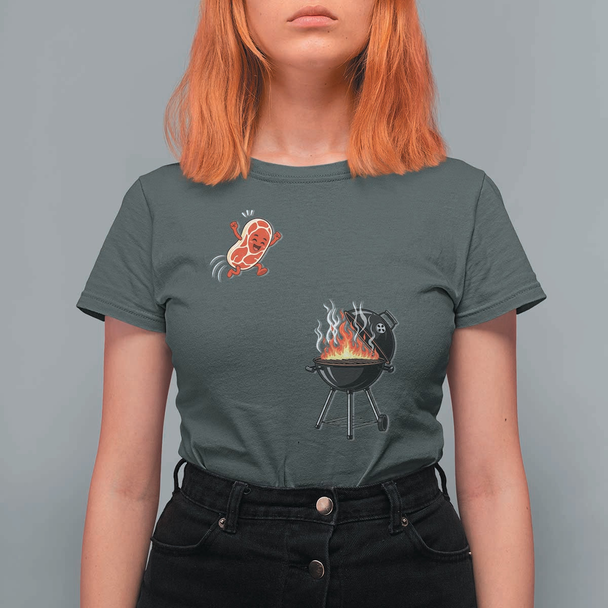 Funny BBQ Steak Meme Cute Meat Jumping Into Grill T Shirt For Women