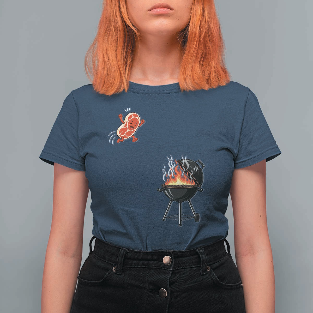 Funny BBQ Steak Meme Cute Meat Jumping Into Grill T Shirt For Women