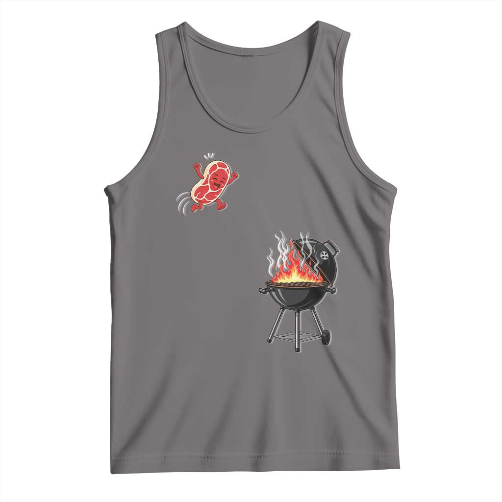 Funny BBQ Steak Meme Cute Meat Jumping Into Grill Tank Top