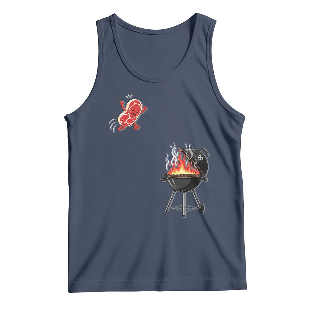 Funny BBQ Steak Meme Cute Meat Jumping Into Grill Tank Top