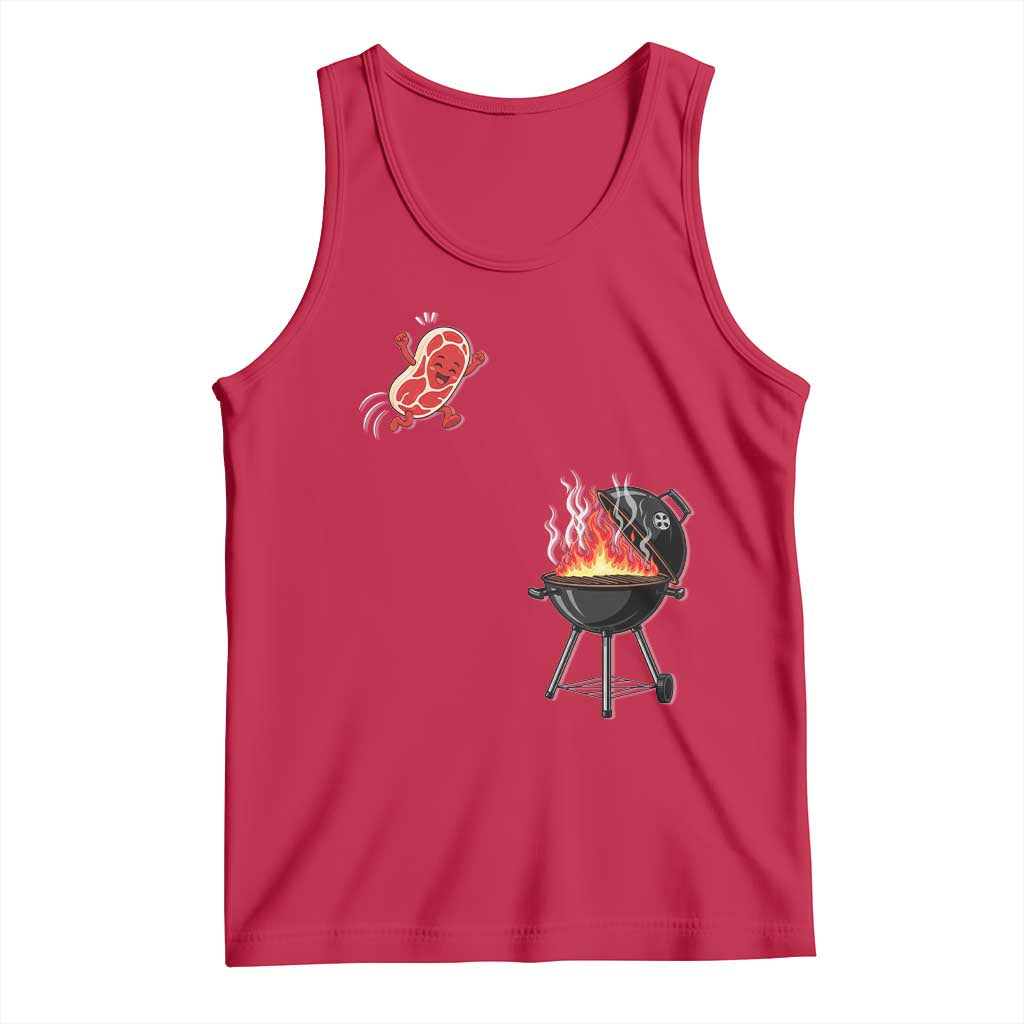 Funny BBQ Steak Meme Cute Meat Jumping Into Grill Tank Top