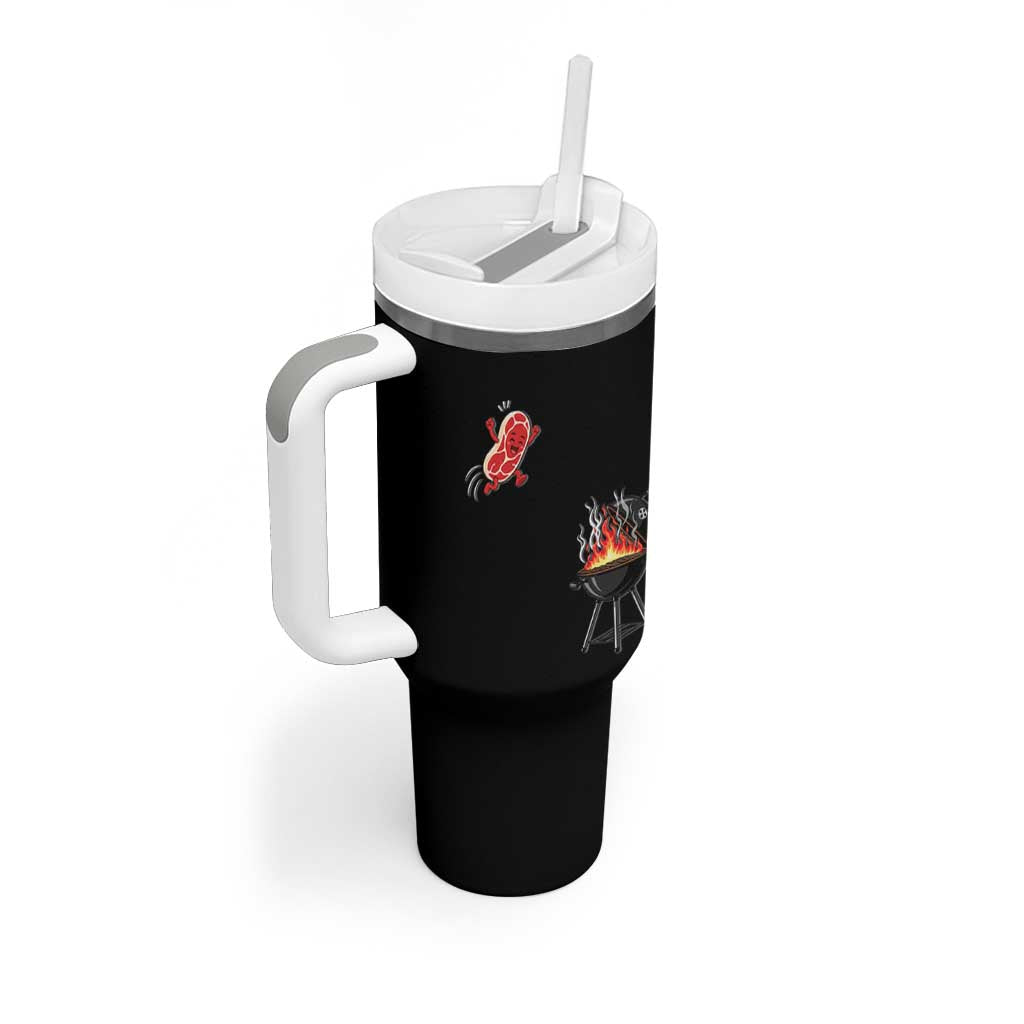Funny BBQ Steak Meme Cute Meat Jumping Into Grill Tumbler With Handle