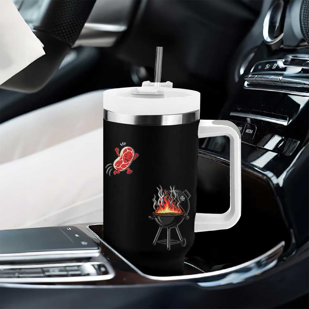 Funny BBQ Steak Meme Cute Meat Jumping Into Grill Tumbler With Handle