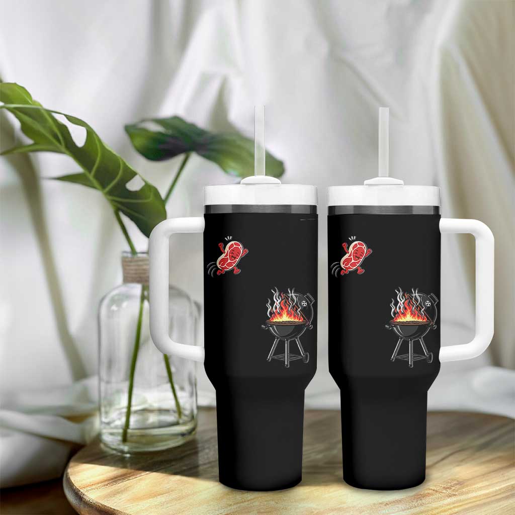 Funny BBQ Steak Meme Cute Meat Jumping Into Grill Tumbler With Handle