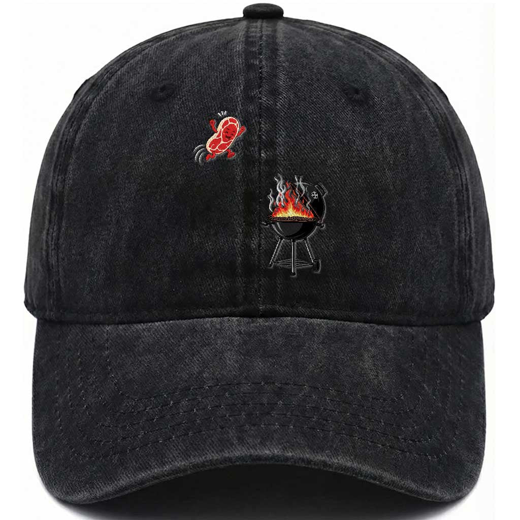 Funny BBQ Steak Meme Cute Meat Jumping Into Grill Washed Cotton Baseball Cap