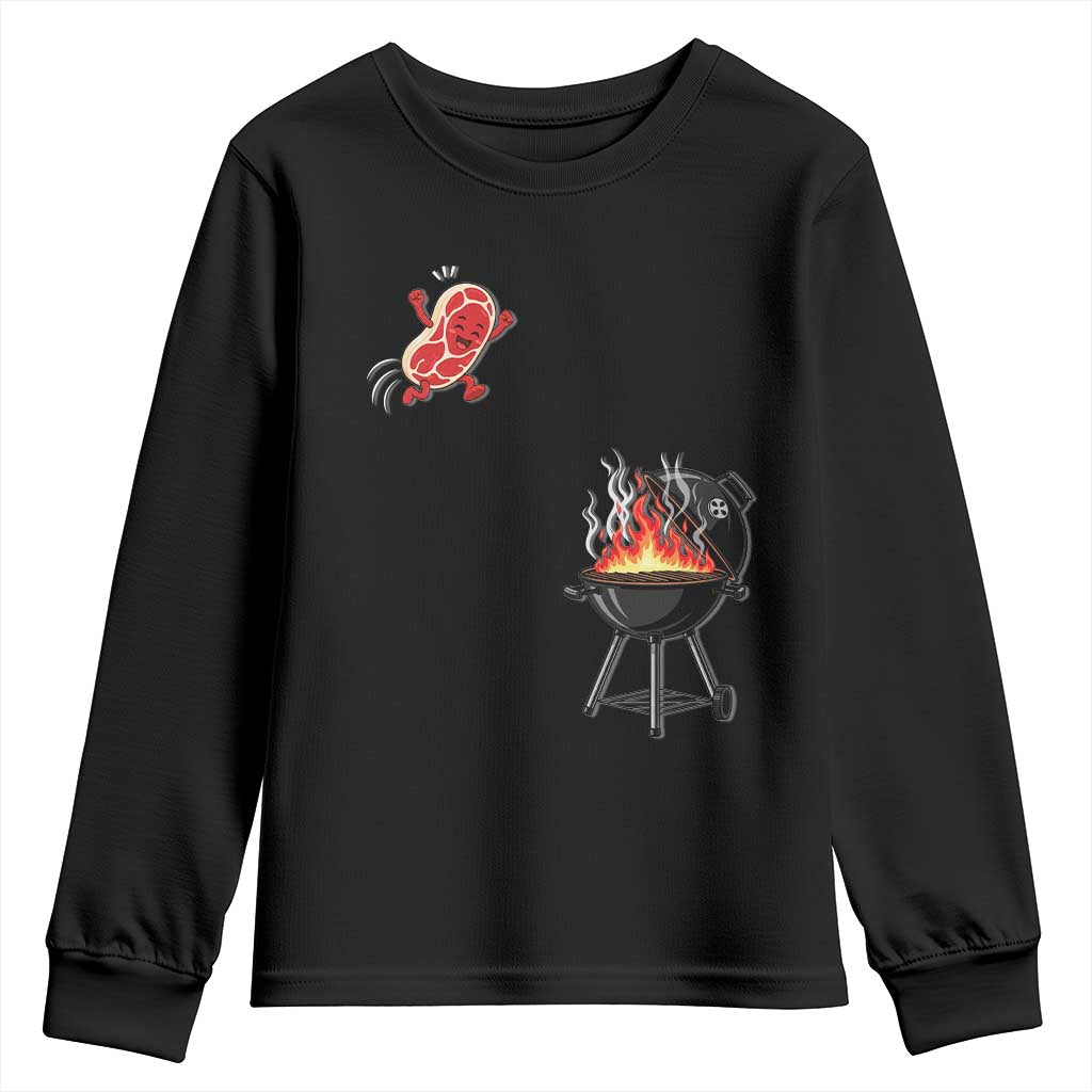 Funny BBQ Steak Meme Cute Meat Jumping Into Grill Youth Sweatshirt