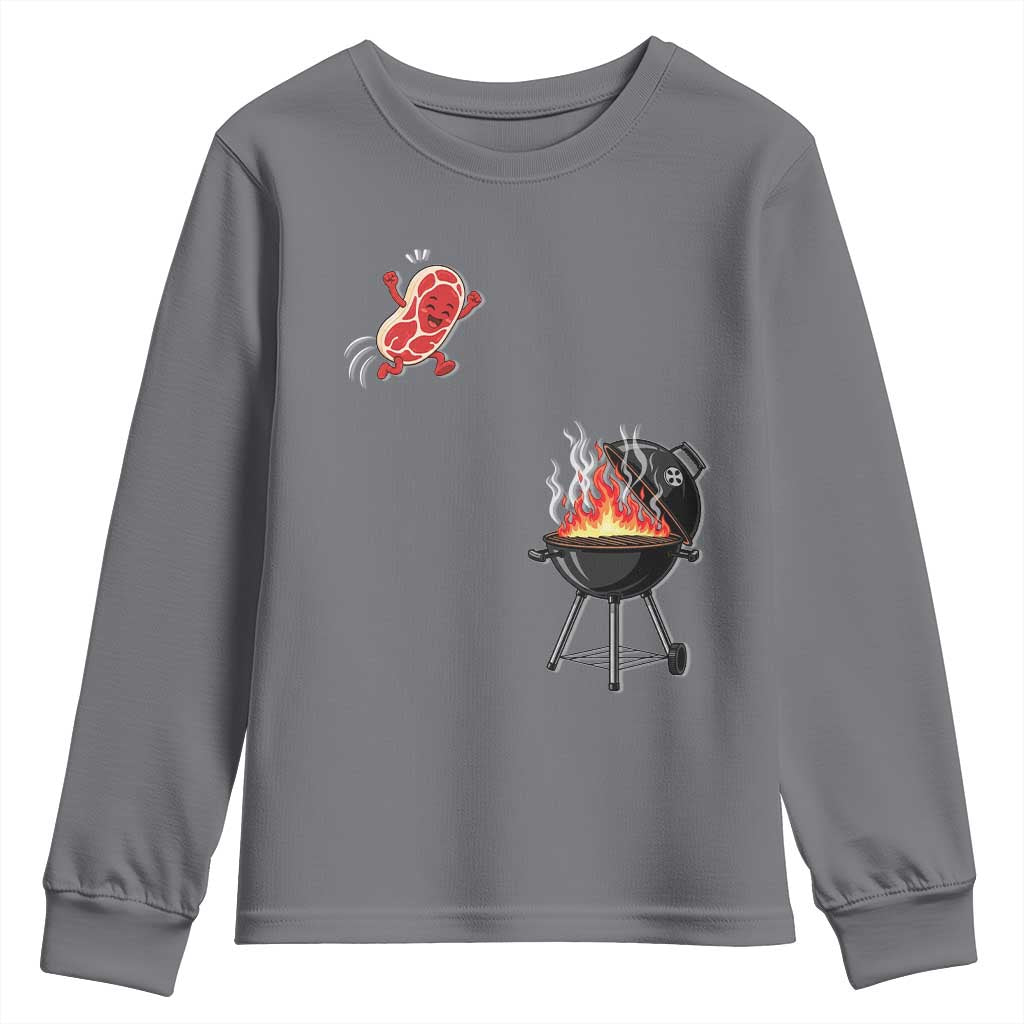 Funny BBQ Steak Meme Cute Meat Jumping Into Grill Youth Sweatshirt