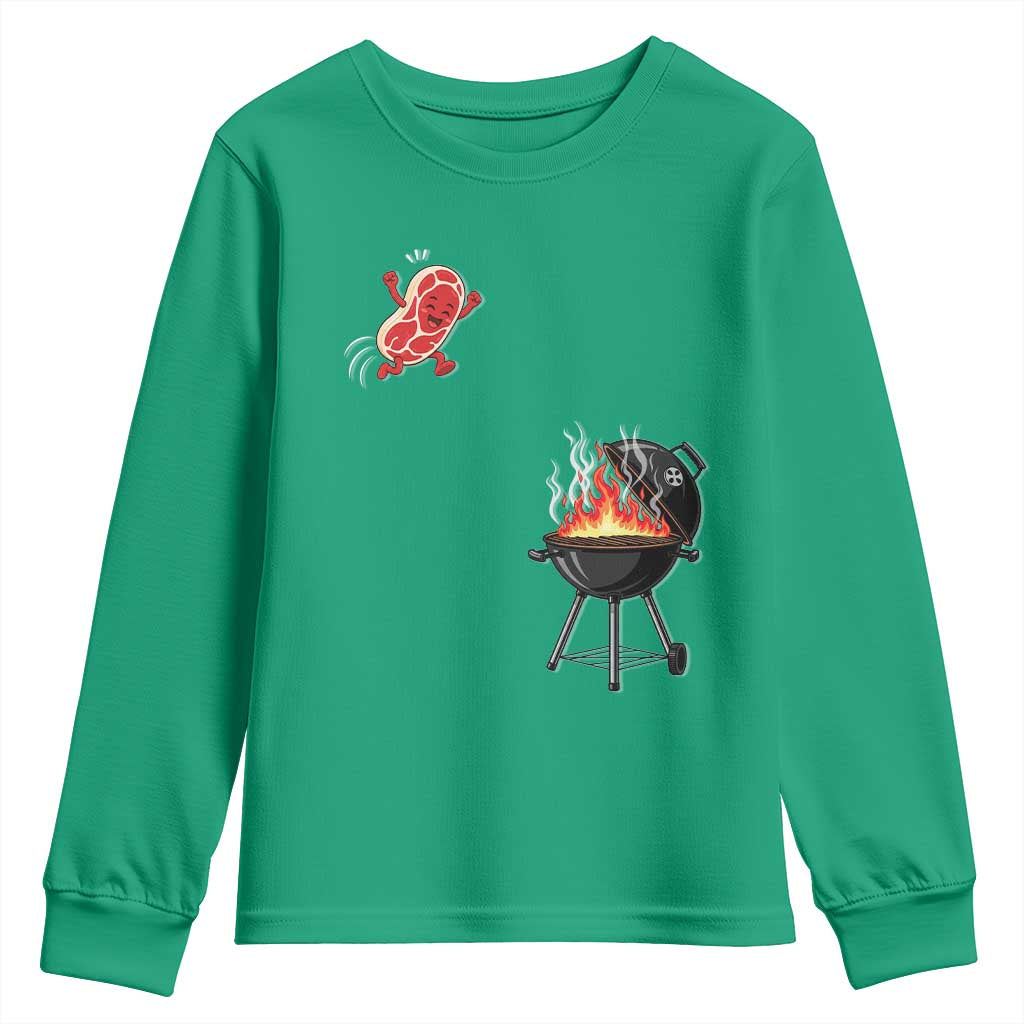 Funny BBQ Steak Meme Cute Meat Jumping Into Grill Youth Sweatshirt