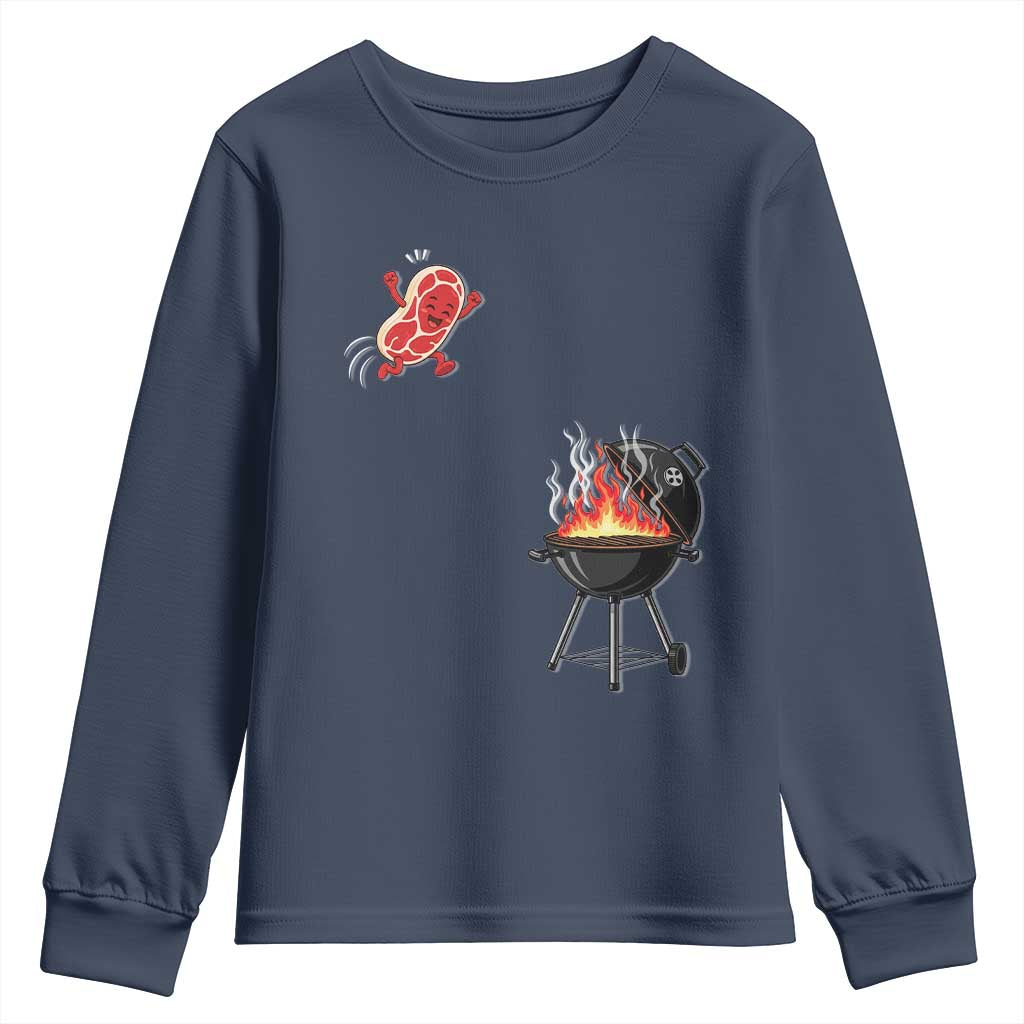 Funny BBQ Steak Meme Cute Meat Jumping Into Grill Youth Sweatshirt