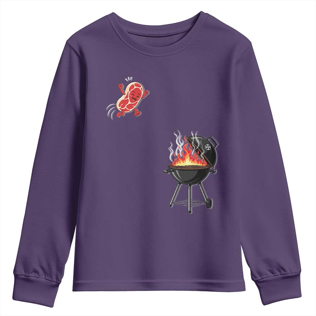 Funny BBQ Steak Meme Cute Meat Jumping Into Grill Youth Sweatshirt
