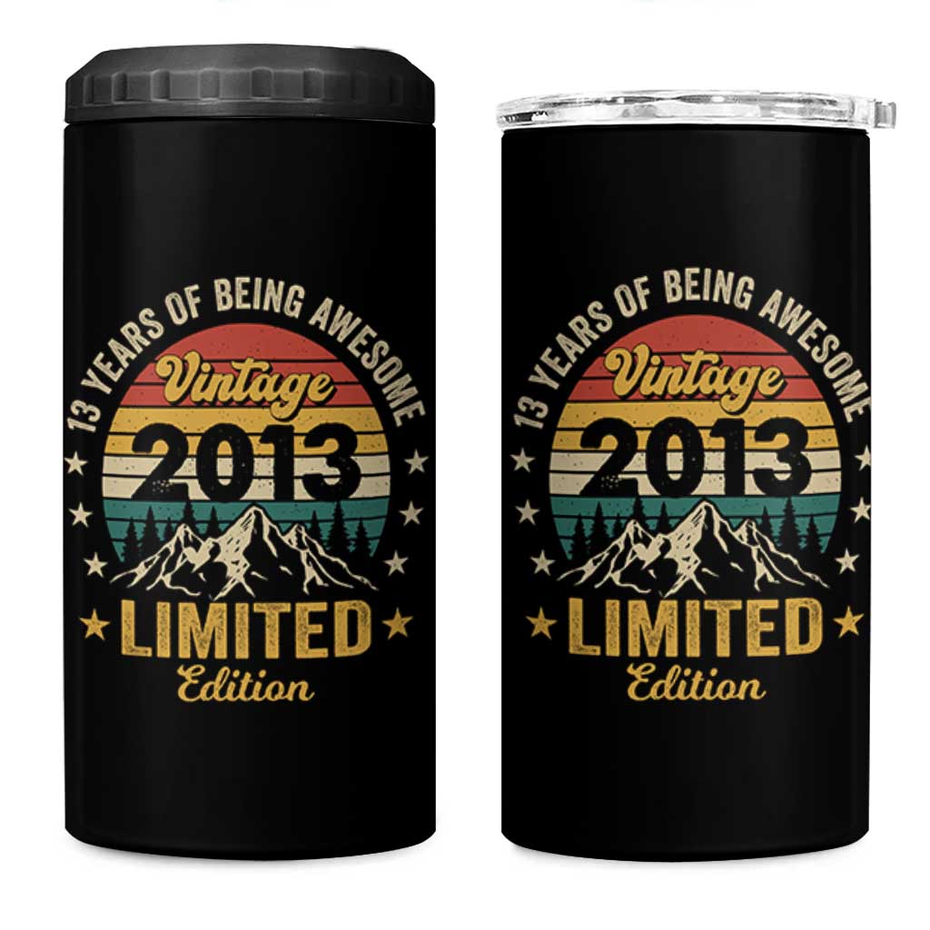 13th Birthday 4 in 1 Can Cooler Tumbler Vintage 2013 Limited Edition Retro 13 Years Of Being Awesome Mountain